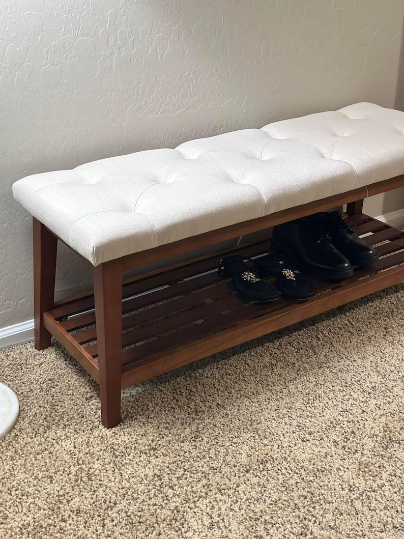 Button Tufted Bench for Entryway, Bedroom End of Bed Bench, Dining Bench with Cushion Seat, Wooden Leg Bench with Storage Shelf image 4