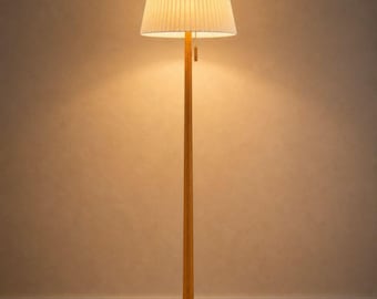 Mid Century Floor Lamp Real Wood Standing Lamp with Linen Shade Vintage Wooden Light for Living Room Bedroom Reading Corner LED Lamp