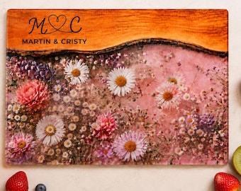 Personalized Glass Cutting Board, Floral Custom Kitchen Gift, Couple Name Serving Board, Wedding or Housewarming Gift, Charcuterie Board