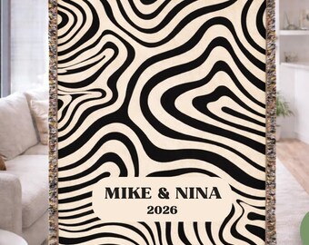 Personalized Couple Blanket, Custom Name Woven Throw, Modern Abstract Black Cream Blanket, Wedding Gift with Date, Zebra Pattern Blanket