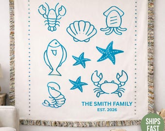 Personalized Family Beach House Woven Blanket, Coastal Family Name Blanket, Custom Beach House Throw Gift, Lake House Gift