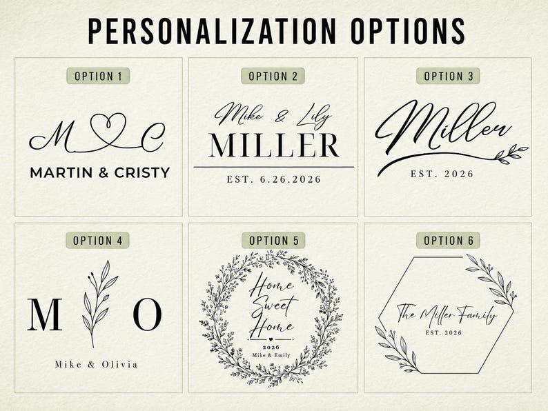 May include: Image showcasing six personalization options with text and decorative elements. Options include names, initials, and phrases like "Home Sweet Home" and "The Miller Family," along with dates. The designs are in black against a light background.