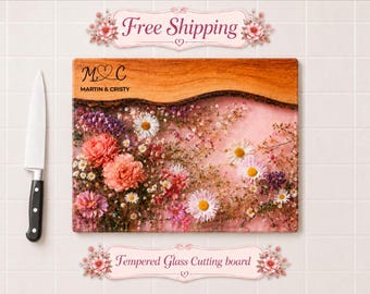 Personalized Glass Cutting Board, Floral Custom Wedding Gift, Couple Name Serving Board, Kitchen or Housewarming Gift, Charcuterie Board