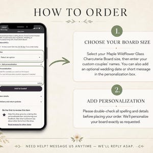 May include: A smartphone displays an Etsy listing for a charcuterie board, with instructions on how to order. The steps include choosing a board size and adding personalization. The text reads "How to Order".