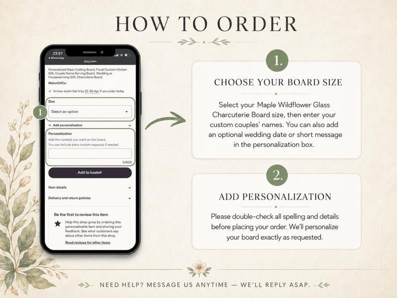 May include: A smartphone displays an Etsy listing for a charcuterie board, with instructions on how to order. The steps include choosing a board size and adding personalization. The text reads "How to Order".
