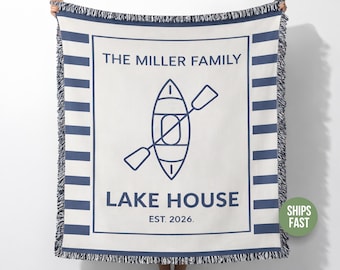 Personalized Lake House Blanket, Custom Family Name Throw, Kayak Paddle Woven Blanket, Nautical Lake Decor Gift