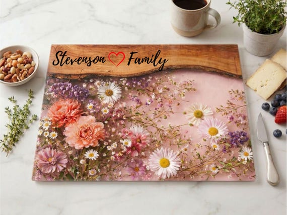 Personalized Glass Cutting Board, Floral Custom Kitchen Gift, Couple Name Serving Board, Wedding or Housewarming Gift, Charcuterie Board