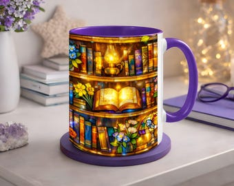 Stained Glass Book Lover Mug, Floral Bookshelf Coffee Mug, Cozy Reader Gift for Librarian Teacher Coffee Cup