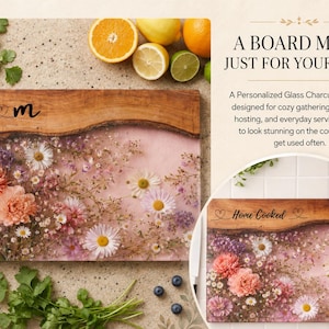 May include: A rectangular charcuterie board with a wooden edge and a floral design. The board features the word "mom" in black script. The floral design includes daisies and other flowers in shades of pink, orange, and purple.