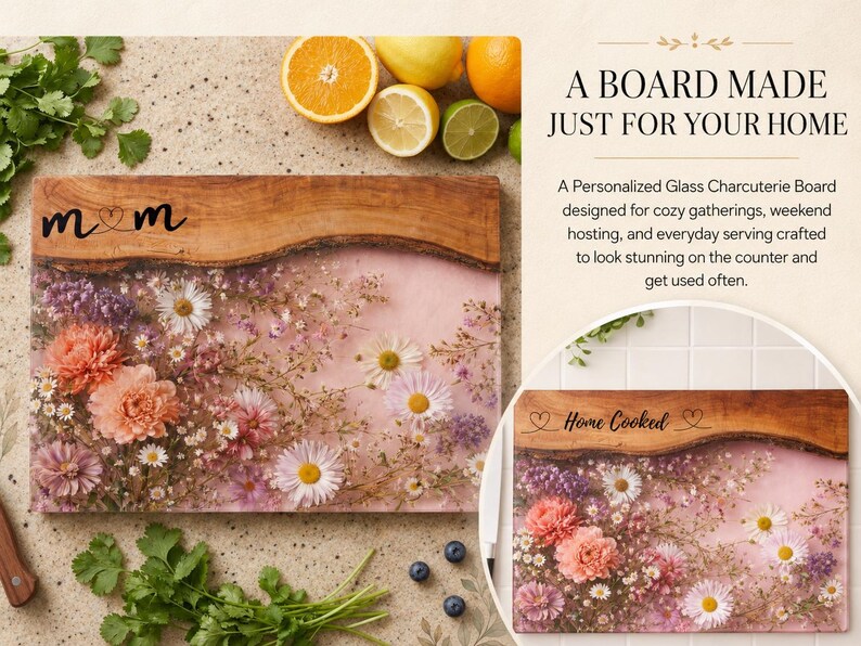 May include: A rectangular charcuterie board with a wooden edge and a floral design. The board features the word "mom" in black script. The floral design includes daisies and other flowers in shades of pink, orange, and purple.