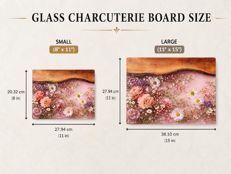 May include: Glass charcuterie boards in small (8" x 11") and large (11" x 15") sizes. The boards feature a wooden edge and a floral design with pink, white, and purple flowers embedded in a clear resin.