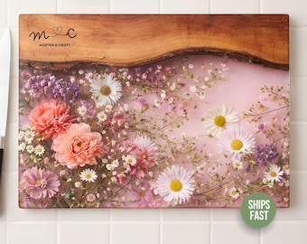 Tabla de cortar de vidrio personalizada, regalo de cocina floral personalizado, tabla para servir con nombres de pareja, regalo de boda o inauguración de casa, tabla para embutidos