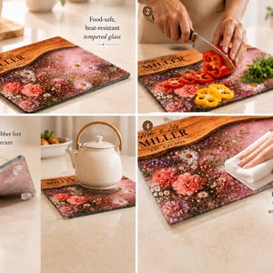 May include: A rectangular tempered glass cutting board with a floral design and a wooden-look border. The board features the name "Miller" and an established date. It has non-slip feet and is food-safe.