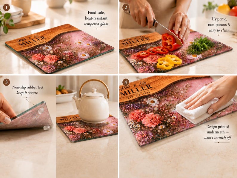 May include: A rectangular tempered glass cutting board with a floral design and a wooden-look border. The board features the name "Miller" and an established date. It has non-slip feet and is food-safe.