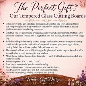 May include: A decorative image with text that reads "The Perfect Gift" and "Our Tempered Glass Cutting Boards." The image includes floral arrangements in pink and purple hues. The text describes the features of the cutting boards, including two size options: 8" x 11" and 11" x 15".