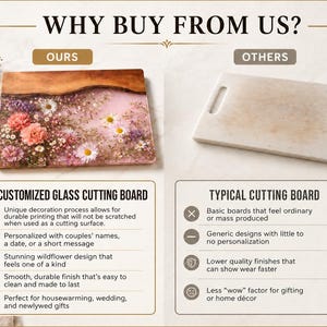 May include: A comparison image of a customized glass cutting board and a typical cutting board. The customized board features a wood and resin design with flowers. The text reads "WHY BUY FROM US?" and highlights the benefits of the customized board.