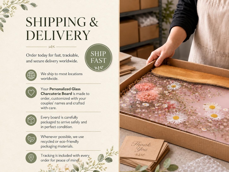May include: A personalized glass charcuterie board with a floral design, featuring pink and white flowers encased in clear resin. The board is presented in a cardboard box with a wooden spatula. The text "Thank You" is on a small card.