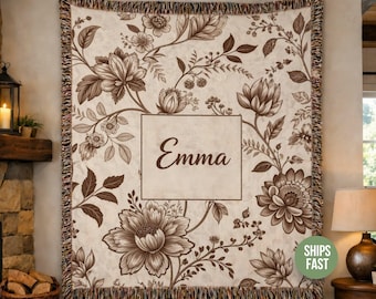 Personalized Floral Woven Blanket with Name, Vintage Style Custom Throw, Neutral Home Decor Gift