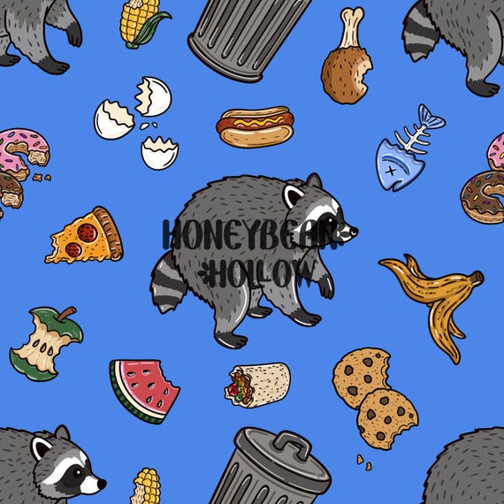 Jimothy the Raccoon Seamless Pattern, Short Spine Raccoon Design, Trash Panda Blue Digital Paper, Funny Raccoon Fabric Design