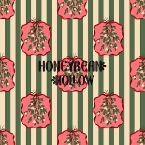 May include: A repeating pattern featuring vertical olive green and cream stripes with pink scalloped-edge tags. Each tag displays a green mistletoe sprig with white berries tied with a red bow. The text HONEYBEAN HOLLOW is centered in black.