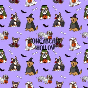 Patrón sin costuras de perros lindos de Halloween morados, tela de perros espeluznantes, descarga digital vintage, bulldog Frankenstein, diseño de truco o trato.