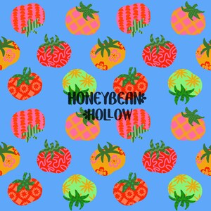May include: A repeating pattern of stylized tomatoes in shades of red, orange, pink, and light green on a bright blue background. Each tomato features unique geometric or floral textures and green stems. The text HONEYBEAN HOLLOW is centered.