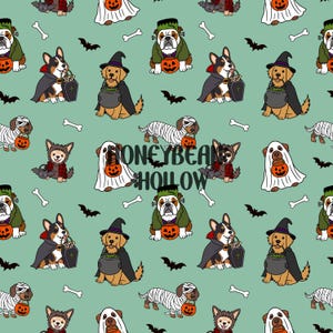 Patrón sin costuras de perros disfrazados de Halloween en verde, diseño de tela de cachorros espeluznantes (descarga digital), truco o trato, Halloween retro, patrón de bruja