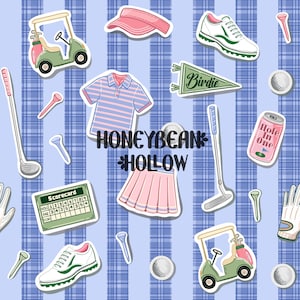 May include: A repeating pattern of golf-themed stickers on a blue plaid background. The stickers include golf carts, golf clubs, golf balls, shoes, a visor, a scorecard, and the text "Honeybean Hollow".