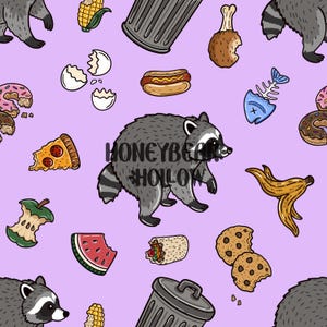 Jimothy tvättbjörnen sömlöst mönster, tvättbjörnsdesign med kort ryggrad, Trash Panda Digital, rolig tvättbjörnstygdesign, viral tvättbjörnslila