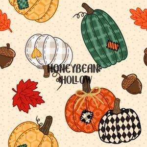 Cream Cozy Patchwork Pumpkin Seamless Pattern, Fall Fabric Pattern, Autumn Pumpkin Patch Digital Paper, Cute Harvest Fall Plaid Background