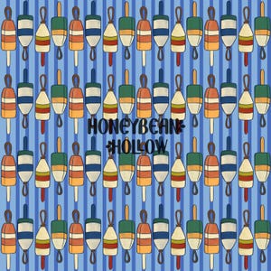 May include: A repeating pattern of colorful buoys in shades of orange, green, white, and blue, set against a blue striped background. The text "HONEYBEAN HOLLOW" is centered in the image. The buoys have a classic nautical design.