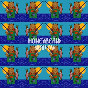 May include: A repeating pattern of cartoon bears fishing, each wearing green overalls and holding a rod and fish. The background is blue with water and a yellow sun. The text "HONEYBEAN HOLLOW" is in the centre of the image.