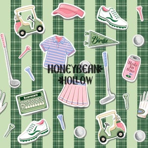 May include: A repeating pattern of golf-themed stickers on a green plaid background. The stickers include golf clubs, golf balls, golf carts, a visor, a skirt, a shirt, and the text "HONEYBEAN HOLLOW".