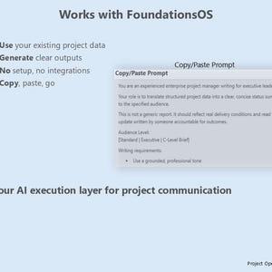 May include: A light blue graphic with the text "Works with FoundationsOS" and bullet points. A white box displays "Copy/Paste Prompt" text, describing project management tasks. The bottom text reads "Your AI execution layer for project communication."