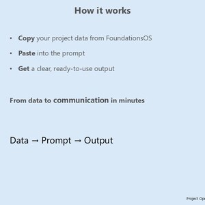 May include: A light blue graphic with the text "How it works" at the top. The steps are listed as: Copy data, Paste into prompt, Get output. The graphic also states "From data to communication in minutes" and "Data -> Prompt -> Output."