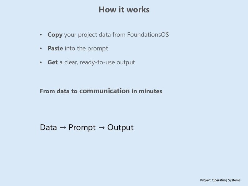 May include: A light blue graphic with the text "How it works" at the top. The steps are listed as: Copy data, Paste into prompt, Get output. The graphic also states "From data to communication in minutes" and "Data -> Prompt -> Output."