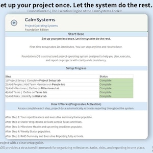 May include: A digital document titled "CalmSystems Project Operating Systems Foundation Edition." The document includes the text "Set up your project once. Let the system do the rest." and a step-by-step guide for project setup.