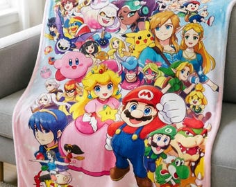 Personalized Super Mario Characters Fleece Blanket, Kids Game Room Decor, Cozy Throw