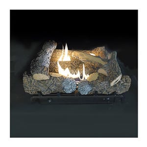 May include: A gas fireplace insert with faux logs and flames. The logs are various shades of gray and brown, arranged to mimic a natural wood fire. The flames are bright and yellow, creating a warm ambiance. A black metal grate is at the base.