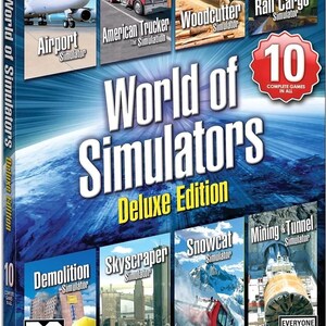 May include: A game box for "World of Simulators Deluxe Edition" featuring images of an airplane, truck, and train. The box includes the text "10 Complete Games in All" and the ESRB rating "E" for Everyone.