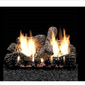 May include: A gas fireplace log set featuring textured, brown logs and bright yellow and orange flames. The logs are arranged on a bed of dark grey embers, creating a warm and inviting ambiance.