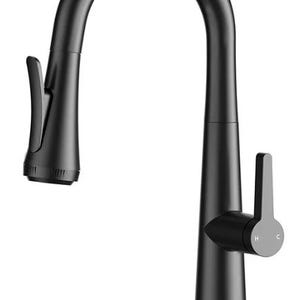 May include: A matte black kitchen faucet with a high-arc spout and a pull-down sprayer. The faucet features a single lever handle and a sleek, modern design. The faucet is made of metal.