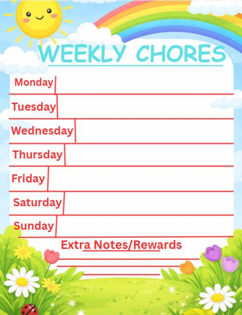Kids Weekly Chore List | Printable Chore Chart for Children | Bright ...