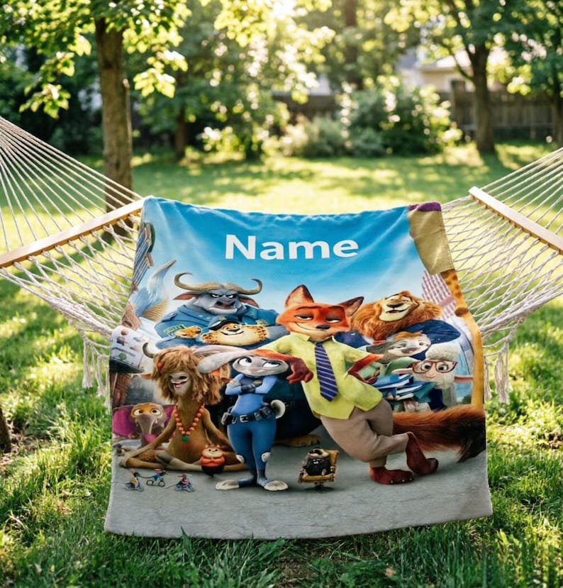 May include: A blue blanket featuring characters from the animated movie Zootopia, with the word "Name" in white. The blanket is draped over a hammock in a grassy outdoor setting, with trees in the background.