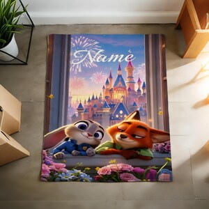 May include: A rectangular rug featuring Judy Hopps and Nick Wilde from Zootopia, with a castle backdrop and fireworks. The word "Name" is written in cursive. The rug is decorated with flowers.