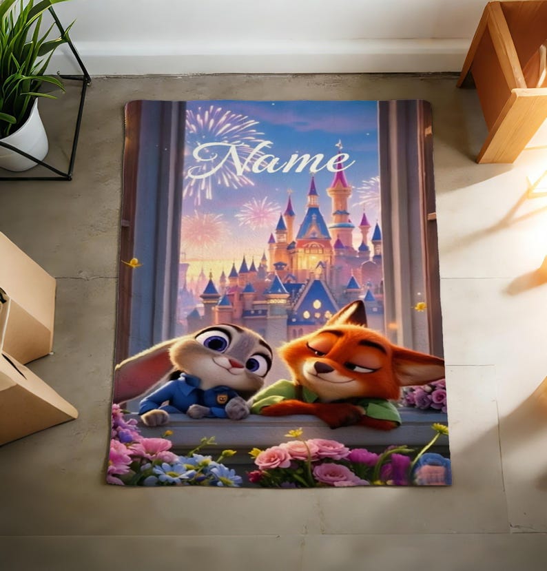 May include: A rectangular rug featuring Judy Hopps and Nick Wilde from Zootopia, with a castle backdrop and fireworks. The word "Name" is written in cursive. The rug is decorated with flowers.