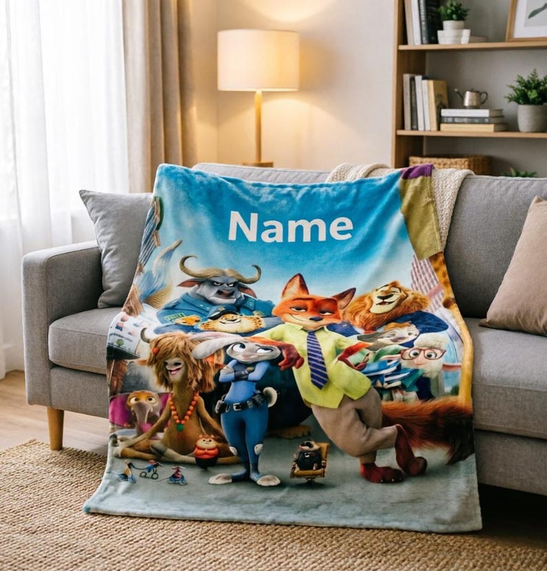 May include: A plush, blue blanket featuring characters from the animated movie Zootopia. The blanket has a light blue sky background with the word "Name" in white. The blanket is draped over a gray sofa.
