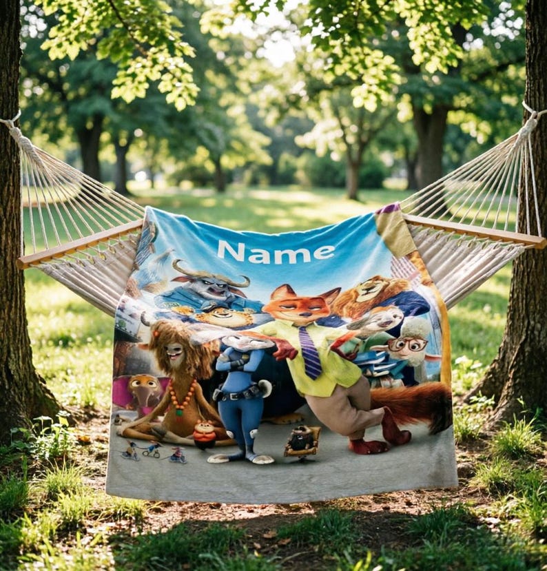 May include: A blue blanket with a cartoon image of characters from a movie, hanging on a hammock. The blanket has the word "Name" in white letters. The background is a green park with trees.
