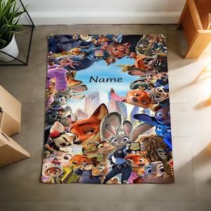 May include: A rectangular area rug featuring a colorful collage of various animated animal characters from Zootopia, including a fox and a rabbit in police uniform. The center of the rug displays the word Name in a simple black sans-serif font.