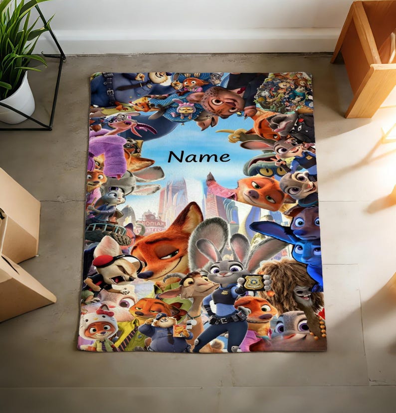 May include: A rectangular area rug featuring a colorful collage of various animated animal characters from Zootopia, including a fox and a rabbit in police uniform. The center of the rug displays the word Name in a simple black sans-serif font.